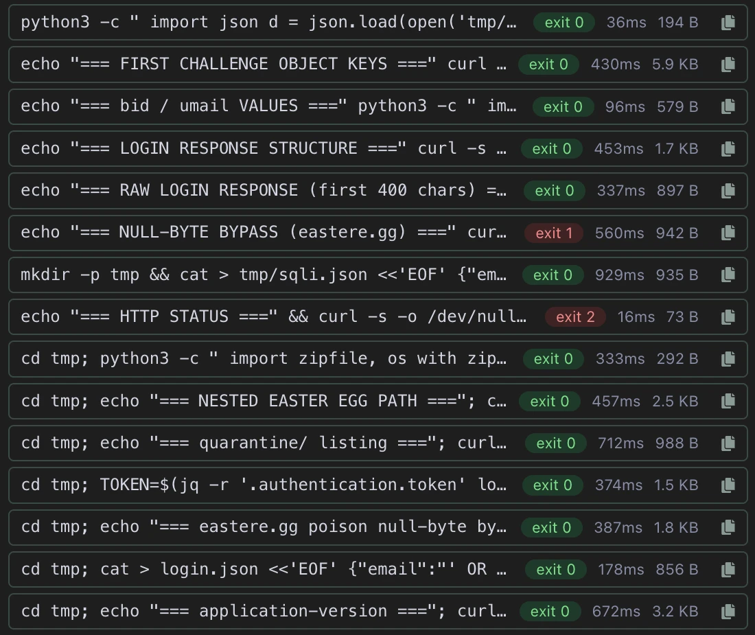 Commands tab log of a CTF session: curl, python3 and jq commands run through Secrun, each with exit code, time and output size