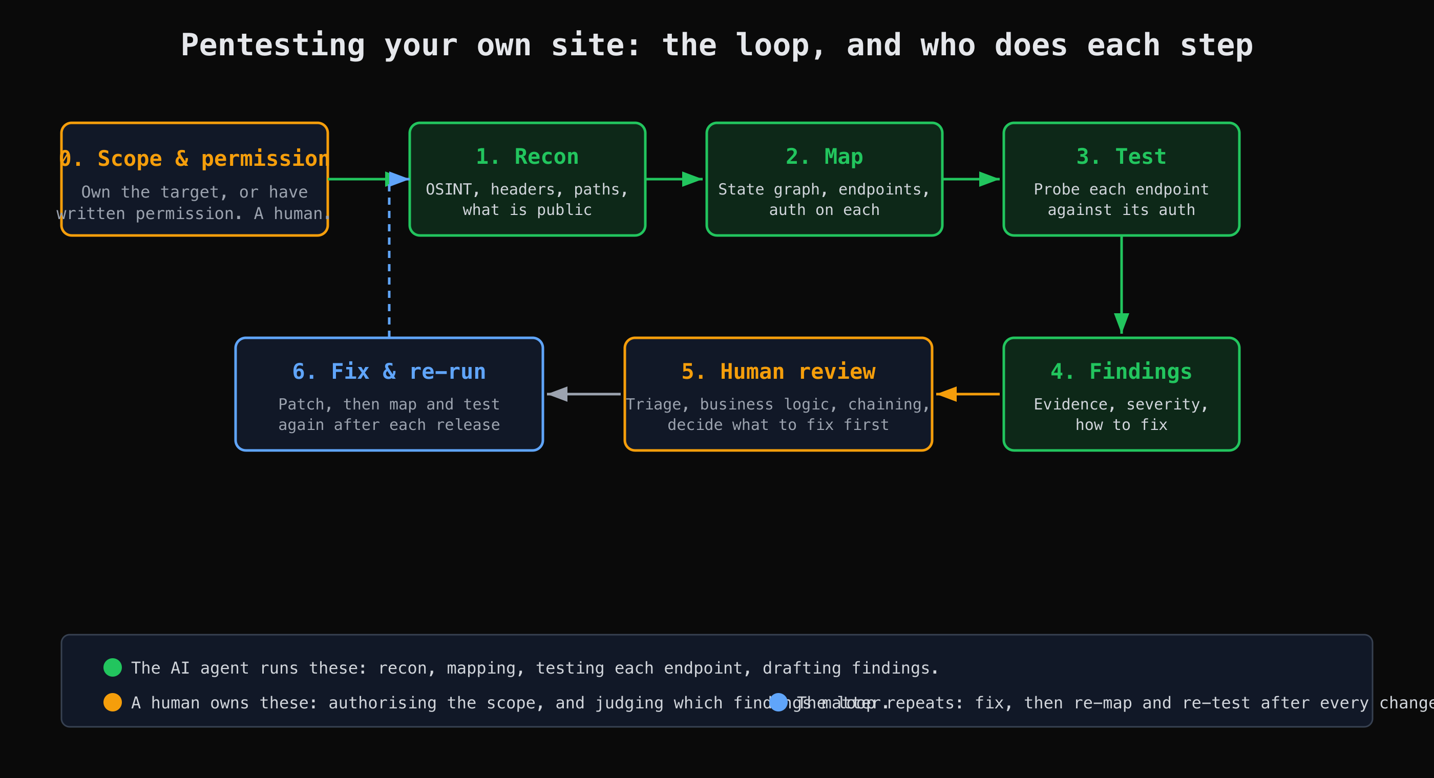 The loop an AI agent runs across a pentest, with scope and human review marked as the steps a person owns