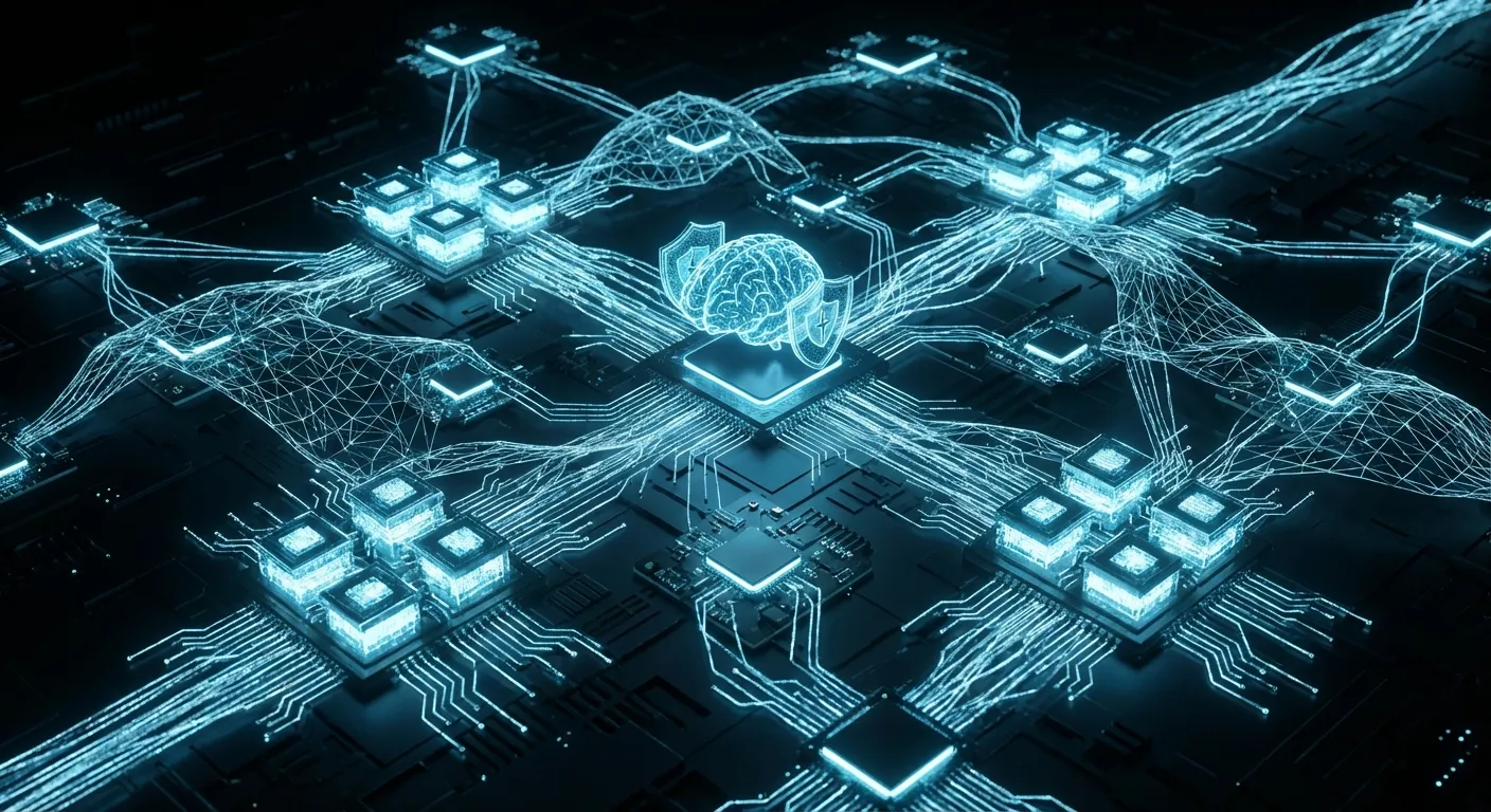 Illustration: glowing processor clusters linked by light trails around a central chip with a brain and shield icons, suggesting a decentralized GPU network.