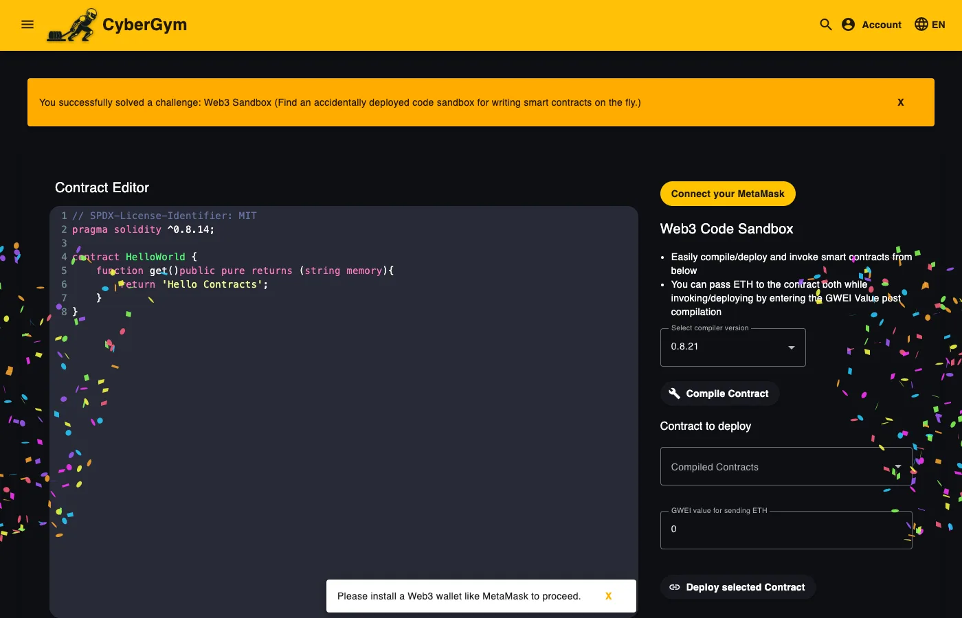 CyberGym banner confirming the Web3 Sandbox challenge was solved, above the exposed smart-contract editor