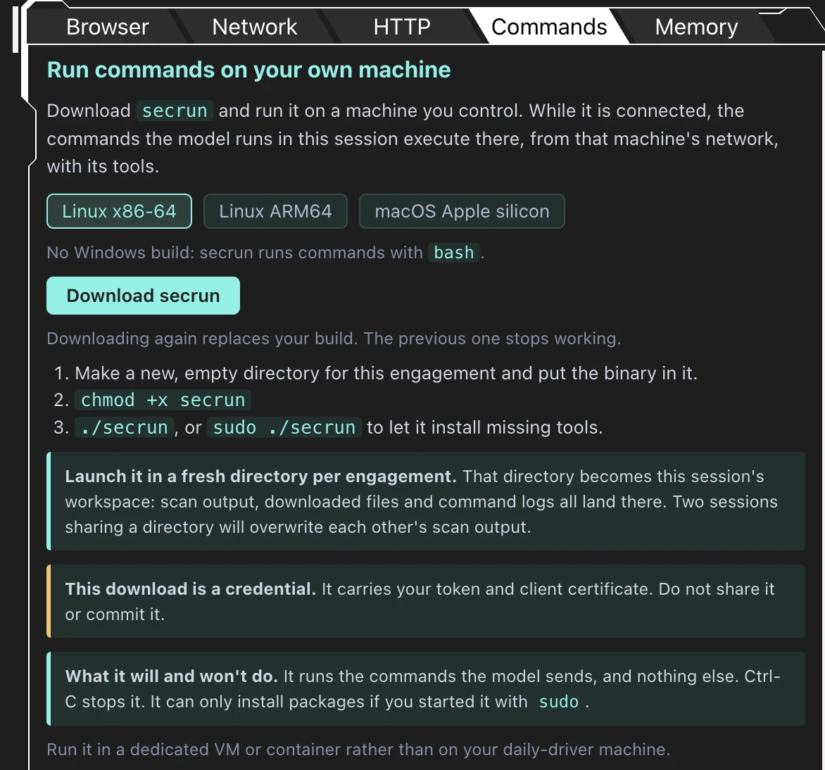 The Commands tab in a HackerGPT CTF session: platform buttons, the Download secrun button and the three setup steps