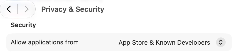 macOS System Settings, Privacy & Security, the Security section where the Open Anyway button for secrun appears
