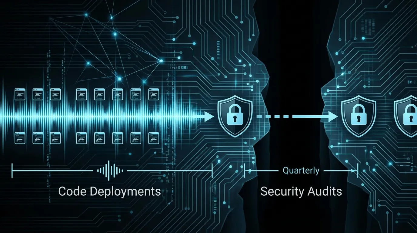Illustration: A diagram illustrating the frequency gap between daily code deployments and quarterly security audit