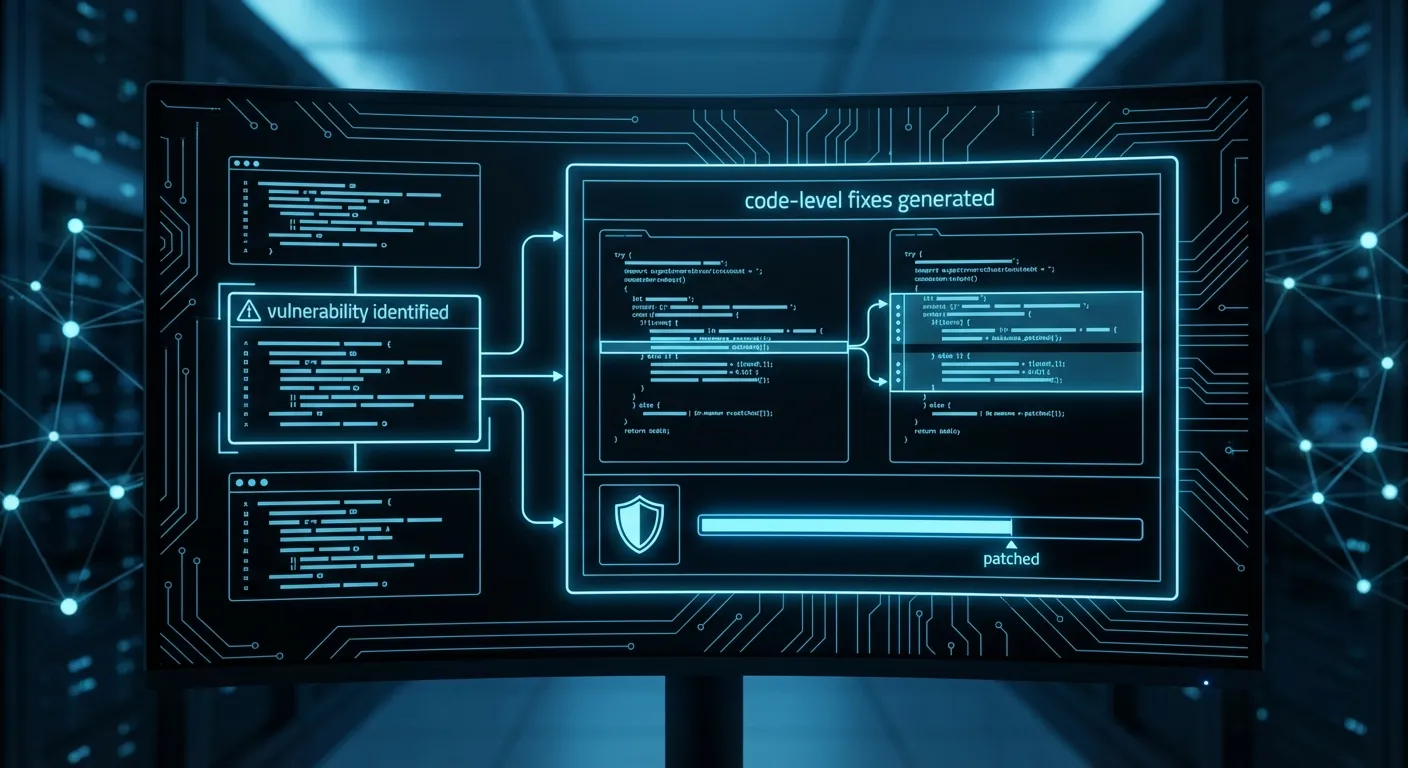 Illustration: A screenshot of the interface showing code-level fixes generated for a specific vulnerability.