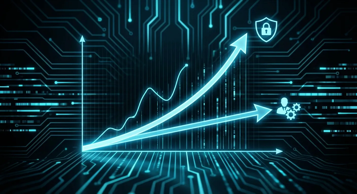 Illustration: A line graph showing the exponential rise in cyber threats versus the linear growth of the security 