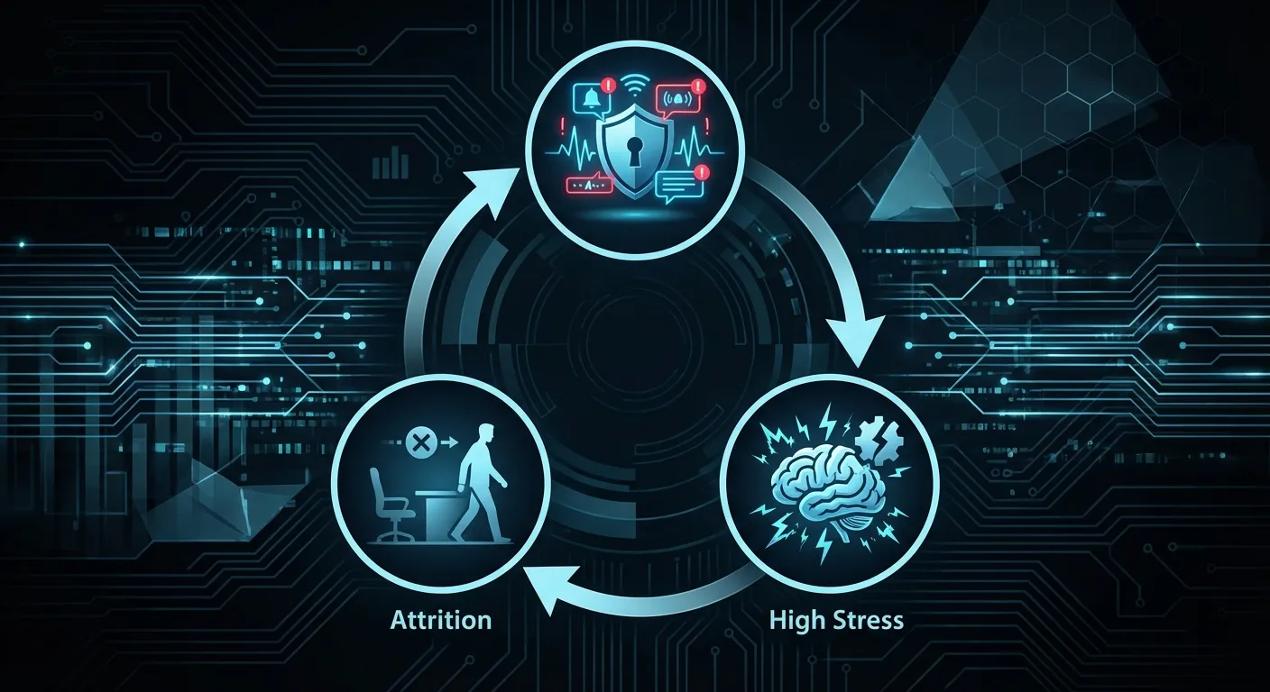 Illustration: A flowchart illustrating the cycle of alert fatigue, high stress, and attrition in security operatio