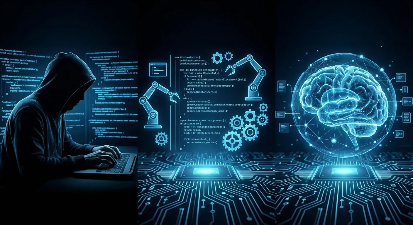 Illustration: A visual comparison showing the evolution from manual human hackers to automated scripts, and finall
