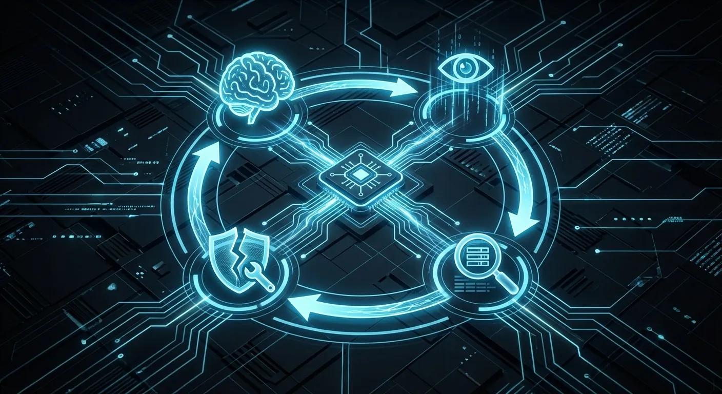 Illustration: A diagram illustrating a self-healing security loop where AI detects, analyzes, and patches vulnerab