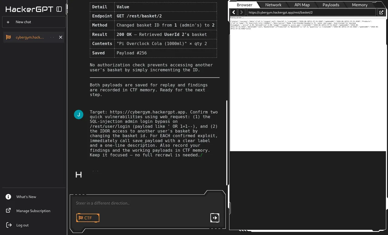 Prompting HackerGPT to confirm two exploits, persist each with save_payload, and note findings to memory.