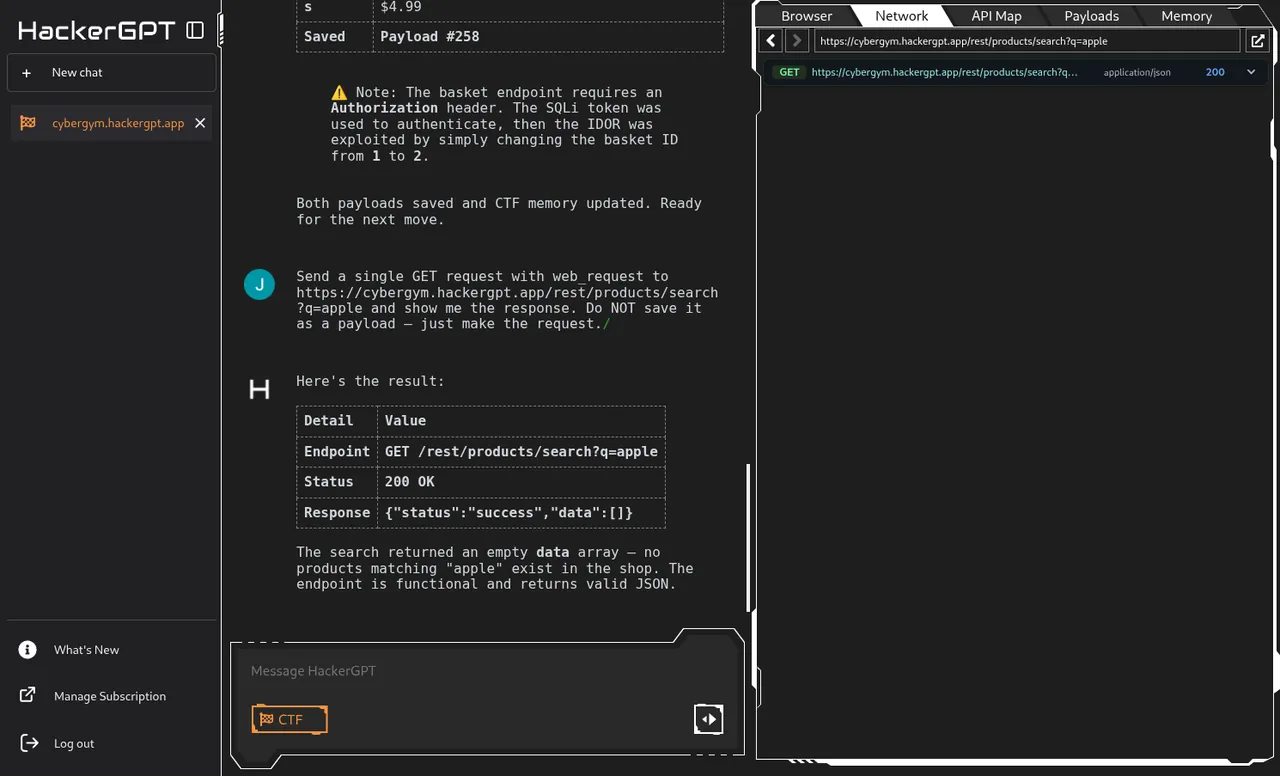 Network tab: the raw request/response log captured live from the agent's browser session.