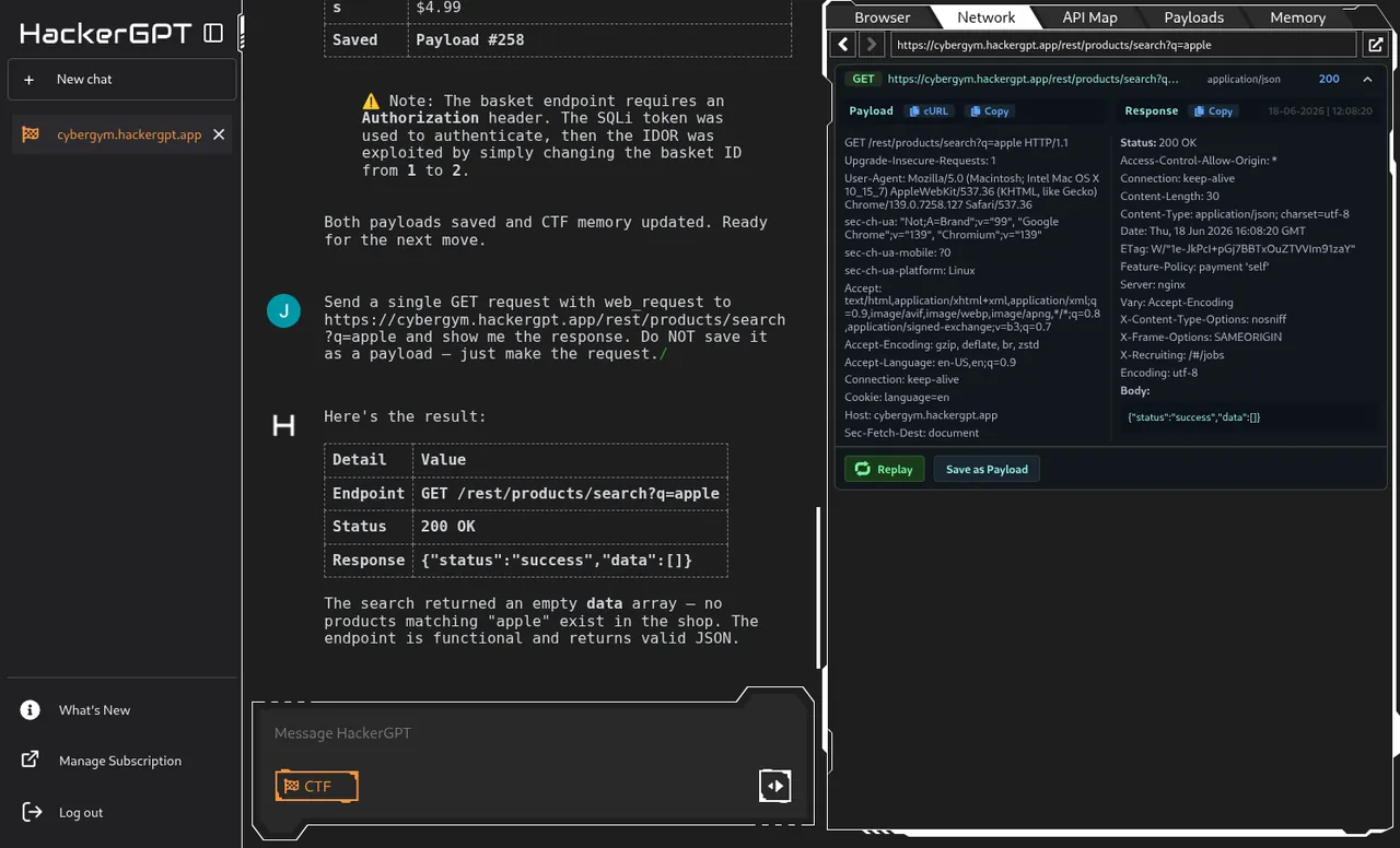 A network entry expanded — full request (method, URL, headers) and response body, with a 'Save as Payload' action.
