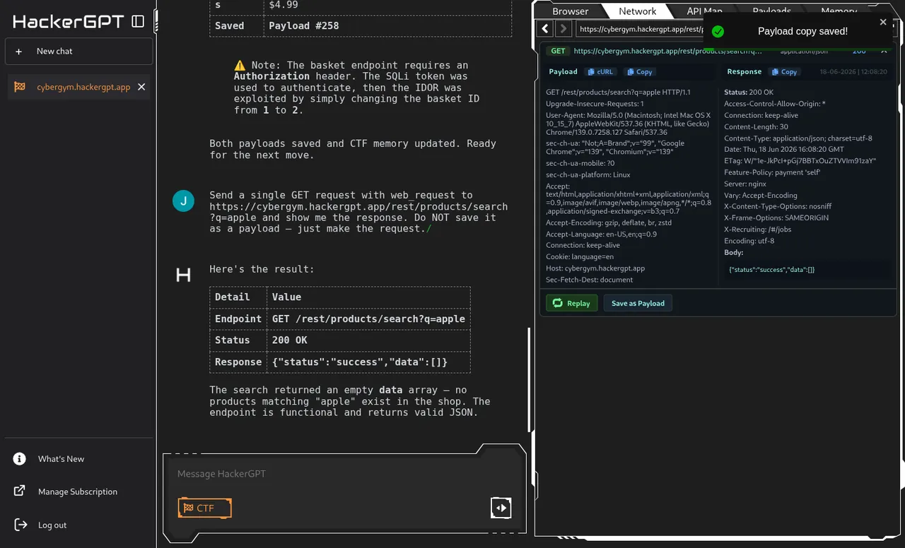 Clicking 'Save as Payload' promotes this raw request straight from the Network log into the Payloads vault.