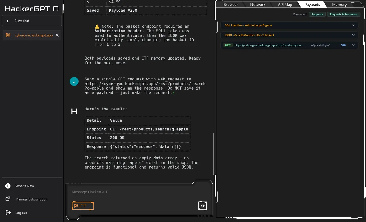 Back in the Payloads tab: the request saved from the Network log now sits alongside the earlier exploits, ready to replay.